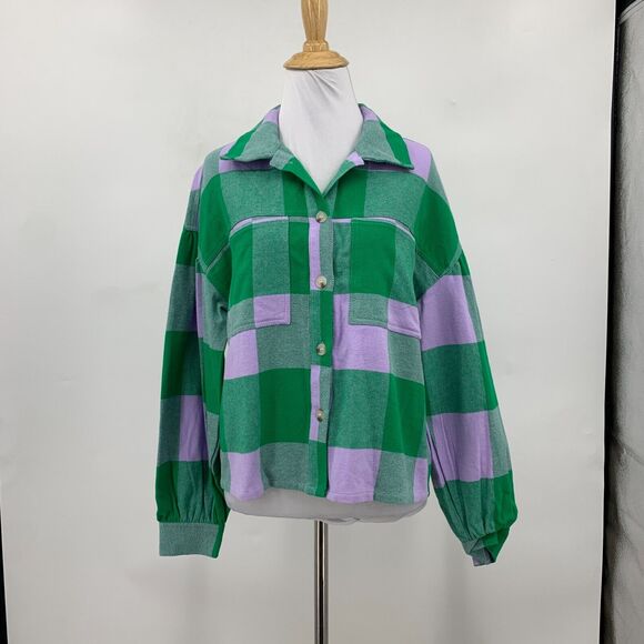 Sanctuary Plaid Button Top Womens XS Pine Check Pocket Detail Cotton Loose Crop - Picture 2 of 13